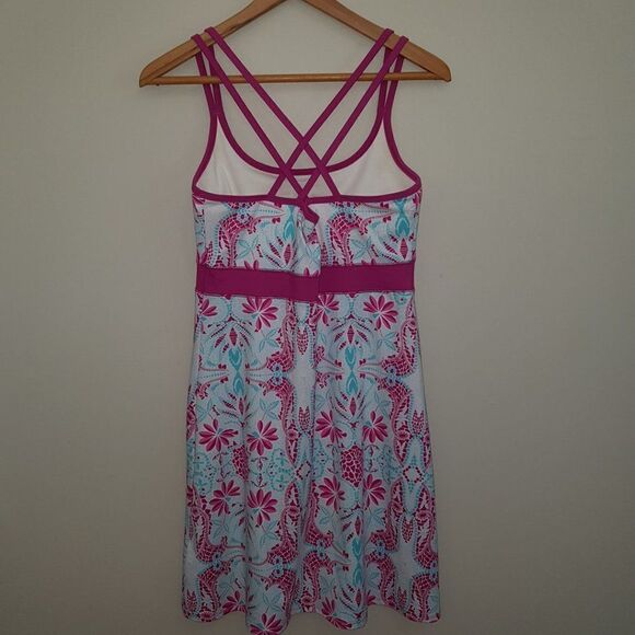 LOLA Athletic Sports Dress Fuchsia, Turquoise White Flower Pattern A-Line MEDIUM - Picture 7 of 11